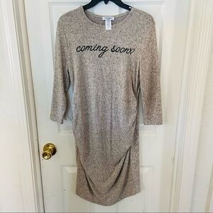 NWOT grey maternity coming soon stretch heart long sleeve dress Size large